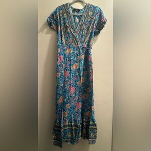Vibrant Floral Maxi Dress in Blue and Pink